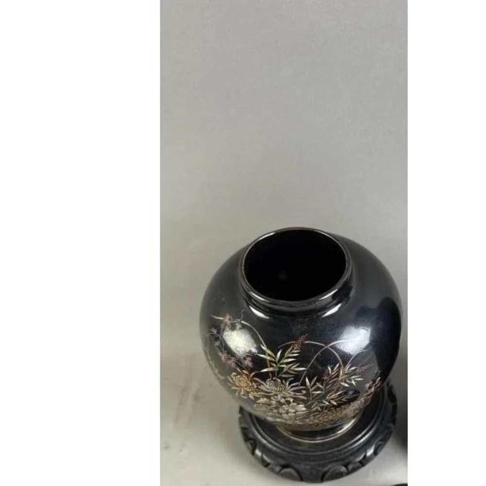 Vintage Black Porcelain Ginger Jar Lid Gold Floral Chinoiserie Wood Stand